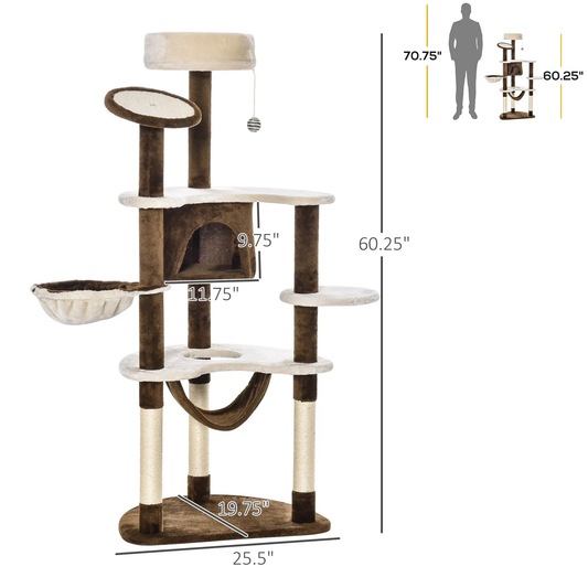 Cat tree with dimensions labeled on a white background