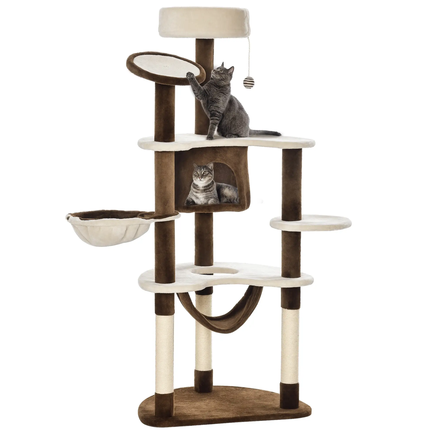 Cat tree with multiple levels and a cat sitting on one of the platforms.