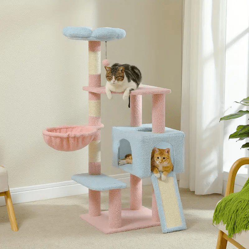 Cat Climbing Tower with Hammock, Condo, Basket Bed & Scratching Posts - Cat Tree
