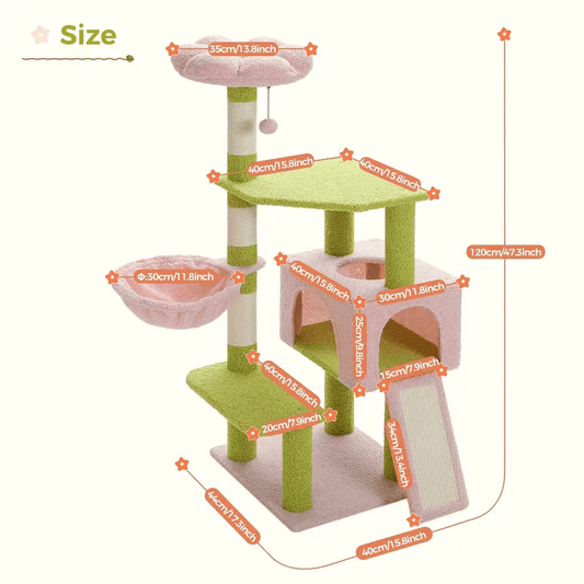 Cat Climbing Tower with Hammock, Condo, Basket Bed & Scratching Posts - Cat Tree
