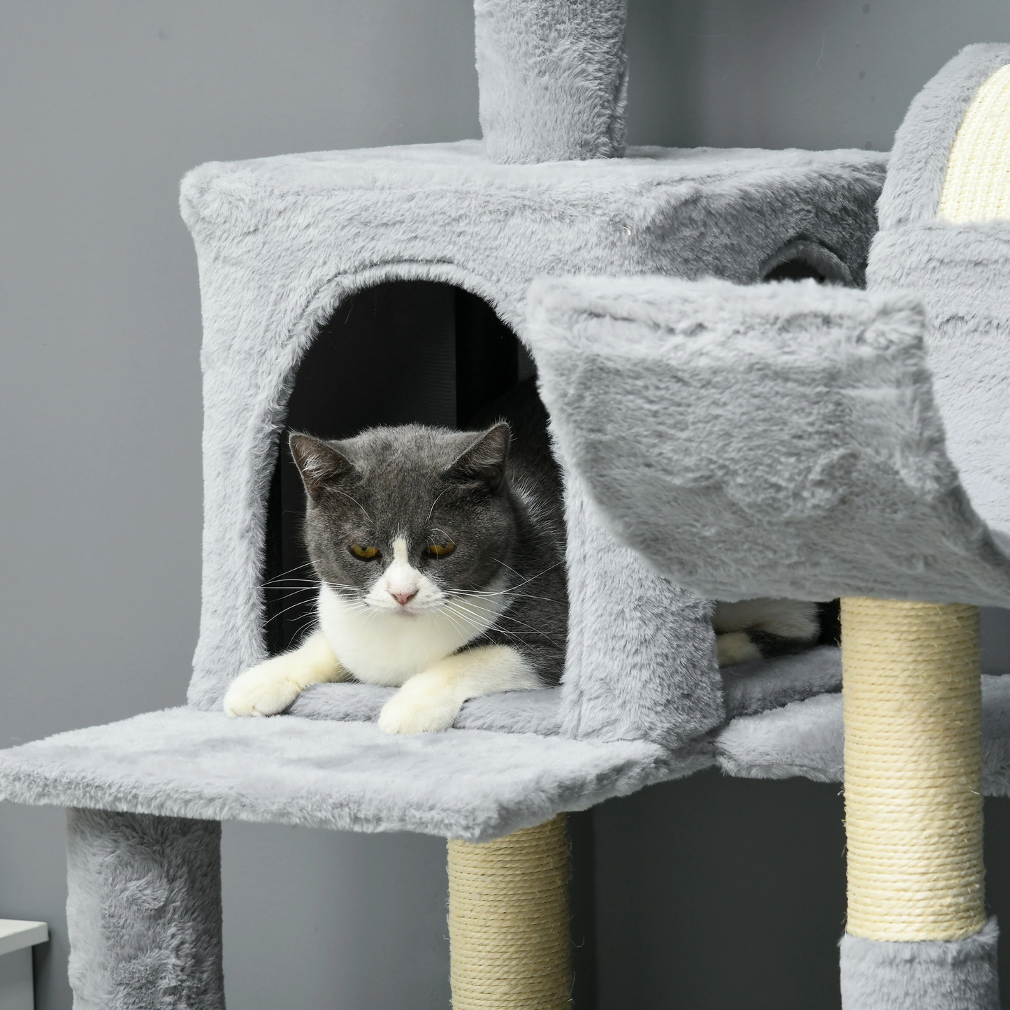 70" Tall Cat Tree Tower with Hammock, Bed & Condos – Bluish Grey