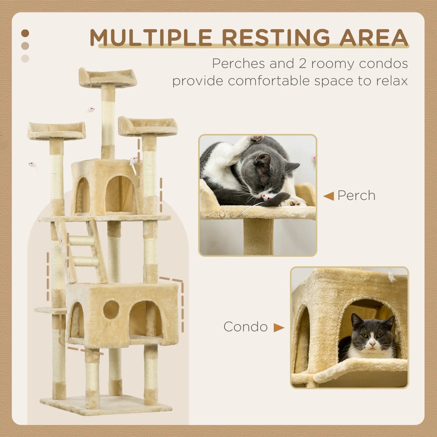71" Multi-Level Cat Tree Tower with Condos & Scratching Posts – Beige