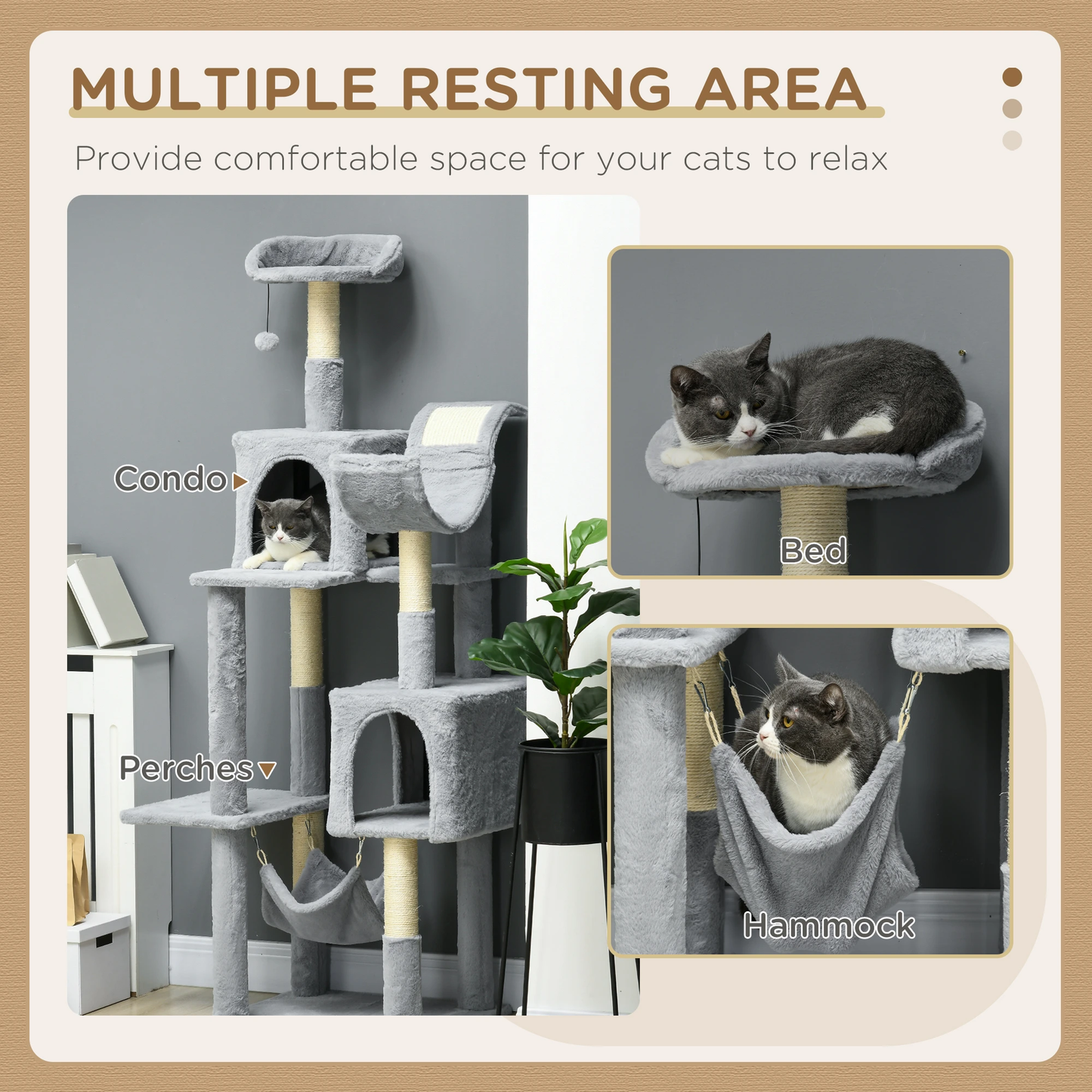 70" Tall Cat Tree Tower with Hammock, Bed & Condos – Bluish Grey
