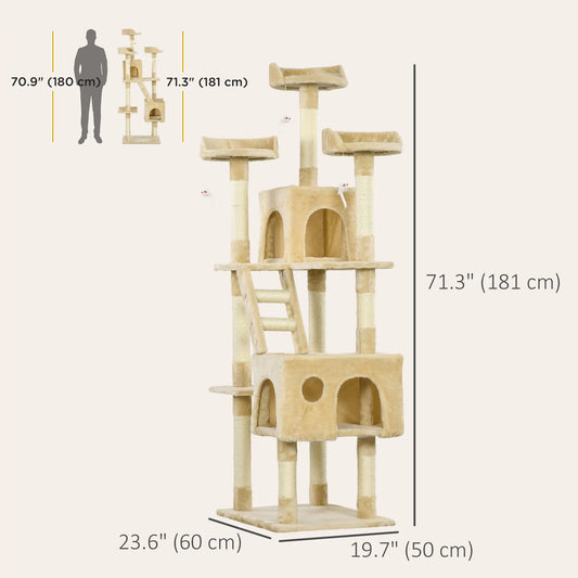Beige cat tree with dimensions indicated on a white background