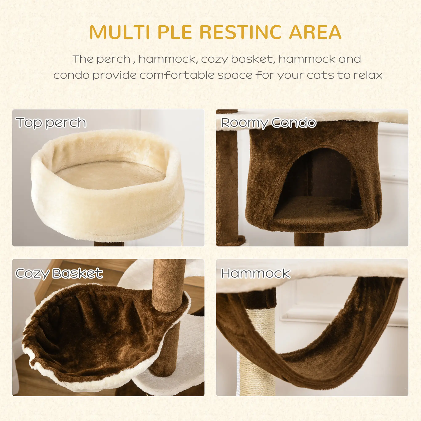 Cat furniture products including a perch, hammock, cozy basket, and roomy condo with text describing their functions.