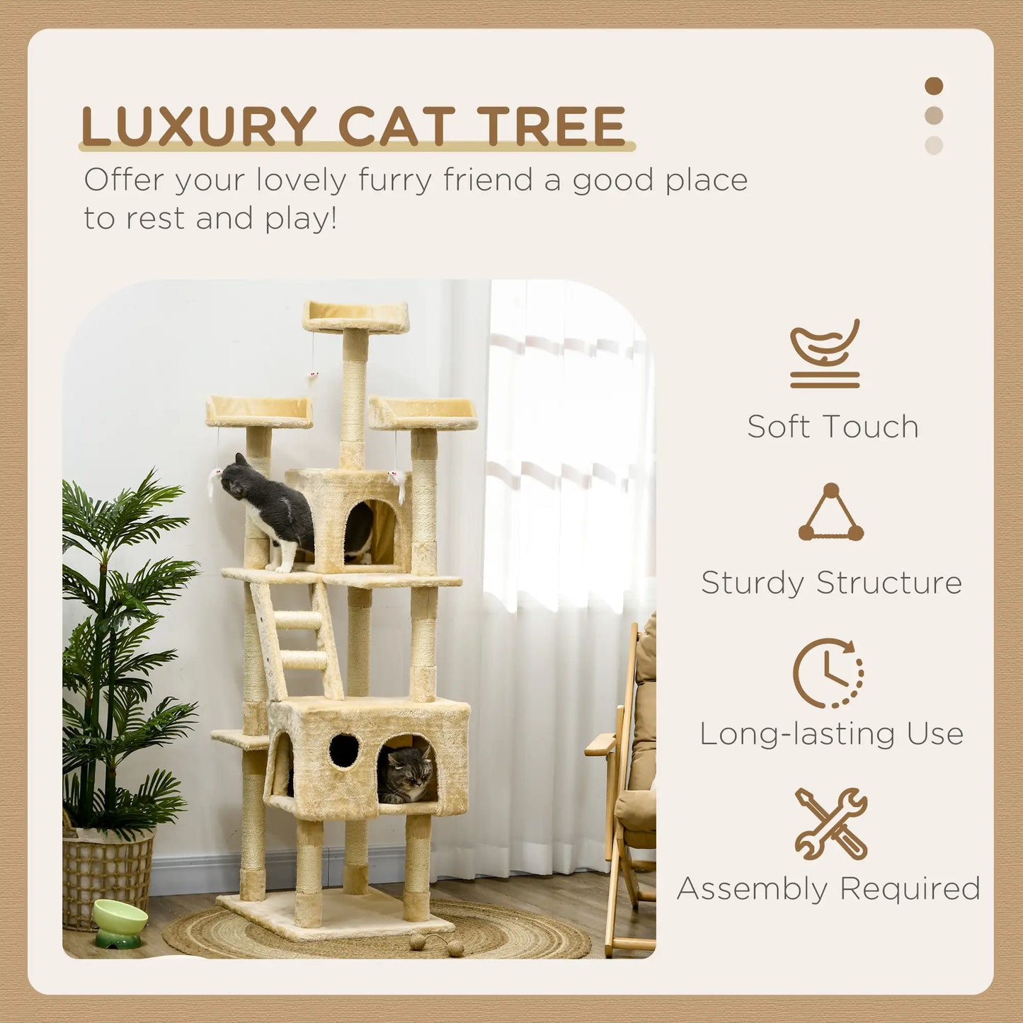 71" Multi-Level Cat Tree Tower with Condos & Scratching Posts – Beige