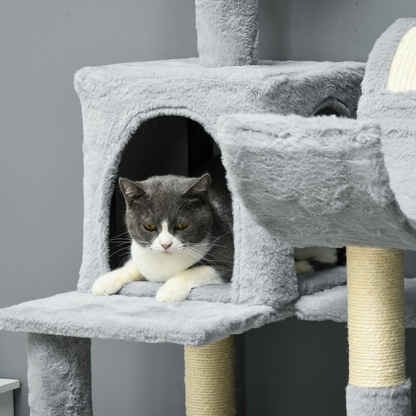 70" Tall Cat Tree Tower with Hammock, Bed & Condos – Bluish Grey