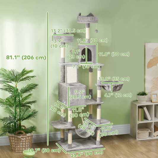 81" Large Cat Tree Tower – Multi-Level Cat Condo w/ Beds, Hammocks, Scratching Posts & Toys