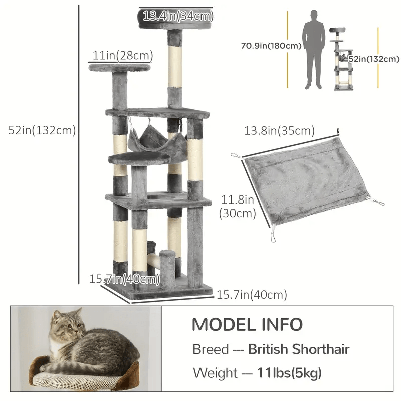 52inch Multi - Level Gray Cat Tree Tower for Large Cats - Cat Tree