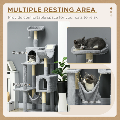 70" Tall Cat Tree Tower with Hammock, Bed & Condos – Bluish Grey