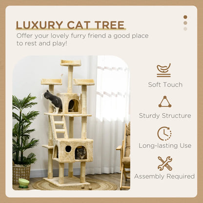 71" Multi-Level Cat Tree Tower with Condos & Scratching Posts – Beige